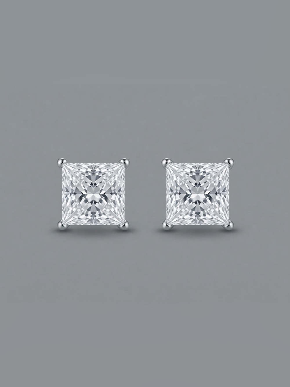 NWOT 4 CTW Princess Cut Moissanite Solitaire Stud Earrings Silver Tone 2ct Each